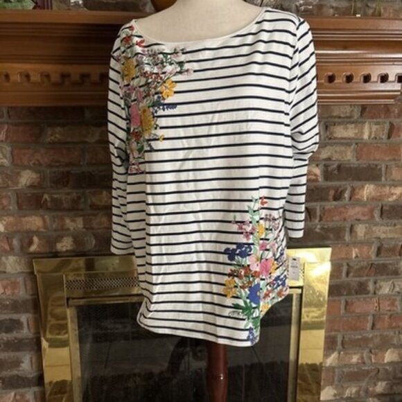 the talbots tee Blue Striped Long Sleeve Shirt With Flowers Size 3X NWT - Picture 1 of 7